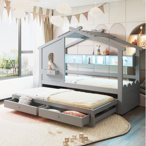 Letto a castello per bambini 90x200 cm con letto estraibile 90x190 cm, 2 cassetti, LED, USB Type-C, legno grigio (1/5)