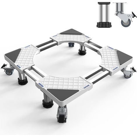 4 pieds + 4 roues Socle pour machine à laver pour réfrigérateur - Socle réglable pour sèche-linge, capacité de charge 500 kg, largeur réglable de 47-67 cm, hauteur 13,5 cm (1/5)