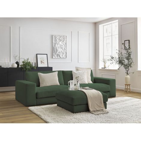 BOBOCHIC - Canapé droit fixe 3 places LEONARD velours côtelé avec pouf Vert foncé (1/5)