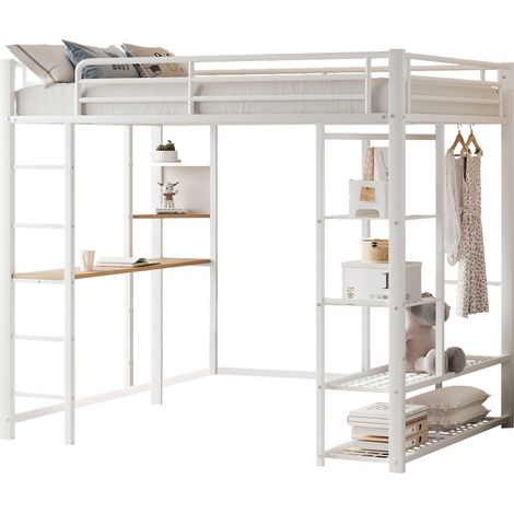 Lit mezzanine 90x200 cm avec échelle, bureau, rangement,sans matelas