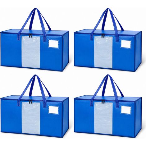 Relaxdays Set 4 borse per trasloco, 100 l cad., cerniera a giro, finestra frontale, borsa trasporto e conservazione, blu (1/5)