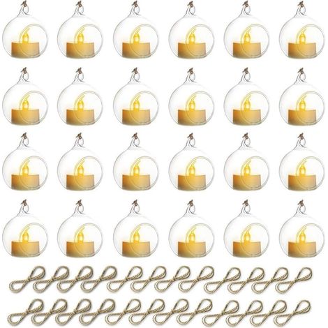 24 Pièces Bougeoir en Verre Suspendu, Pendentif en Verre Équipé De Bougies LED, Décoration Aux Chandelles pour Table De Mariage Fête, Décorations De Noël Saint Valentin, Transparent (1/5)