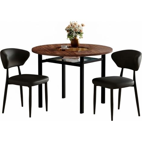 ELVMI Esstischset mit 1 Rundem Tisch und 2 Stühlen, Glas, MDF, Metall und PU, Braun und Schwarz (1/5)