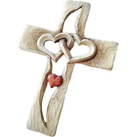 1 Croix en Bois, Coeurs Entrelacés Sculptés, Décoration Murale, Design Retro, Salon Chambre Bureau (1/5)