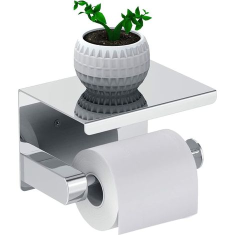 royaluxe - Porte Papier Toilette, Support Papier Rouleau sans Percage Derouleur Papier WC,Distributeur Papier avec Tablette, Acier INOX SUS 304, Colle Auto-adhésive et Mural pour Salle de Bain (Argent (1/5)
