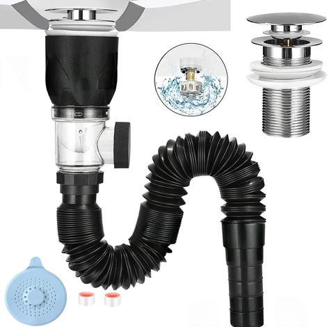 Siphon évier extensible 290-1000 mm – Acier inoxydable et ABS – Anti-odeur avec bouchon de filtre escamotable – Installation facile (1/5)