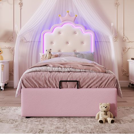 Polsterbett PU Rosa 90x200 cm mit Lattenrost, LED-Ambientelicht und hydraulischem Stauraum (1/5)