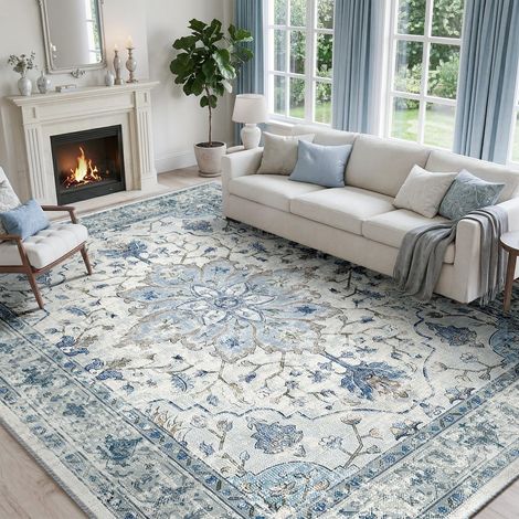 Vintage Tapis de Salon 244x305 cm Lavable Bleu/Gris Tapis Salon, Tapis Chambre, Lavable en Machine, Vintage, Boho, Rétro, Antidérapant, Cuisine, Salle à Manger, Douce, OEKO (1/5)