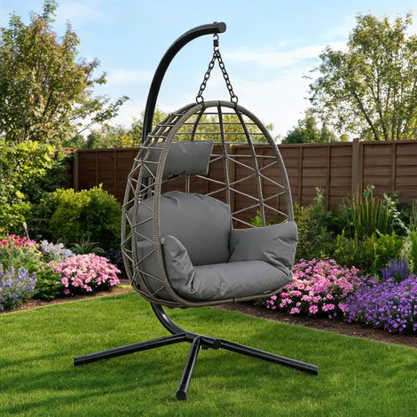 Hängesessel mit Gestell Rattan Hängekorb Outdoor & Indoor, bis 150 kg Belastbarkeit, Hängestuhl inkl. Kissen & Schutzhülle für Garten, Balkon & Wohnzimmer (1/5)