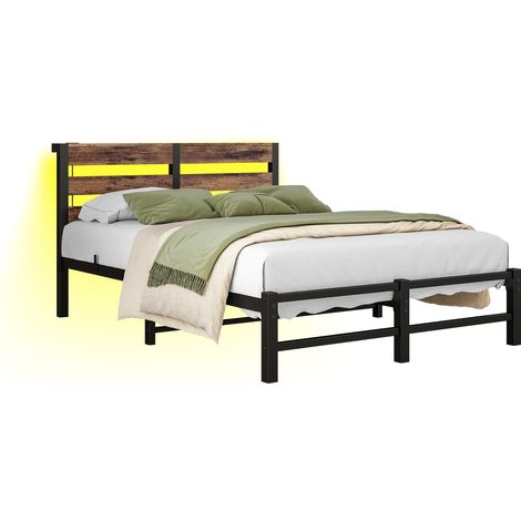 Lit 120x200 avec LED RGB, 2 ports USB, sommier métallique robuste, rangement sous le lit et chargeur pratique, noir et marron, sans matelas CHICFURN (1/5)