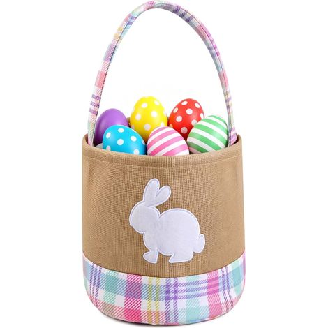 Sacs en toile de jute avec poignées, décorés de lapins de Pâques, réutilisables, parfaits pour la chasse aux œufs, pour les garçons et les filles, pour ranger les bonbons, les petits cadeaux et les so (1/5)