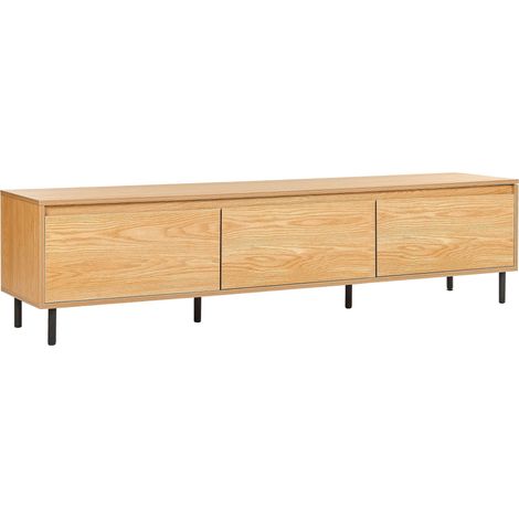 Meuble TV Ton Bois Clair Minimaliste à Pieds en Métal Noir 3 Portes Rangement Nikea