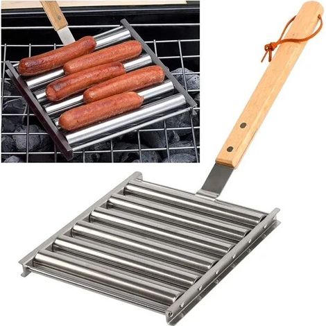 Grille a Saucisses en Acier Inoxydable avec Long Manche en Bois Barbecue Support a Rouleaux pour hot-dogs Capacite de 5 hot-dogs (1/4)