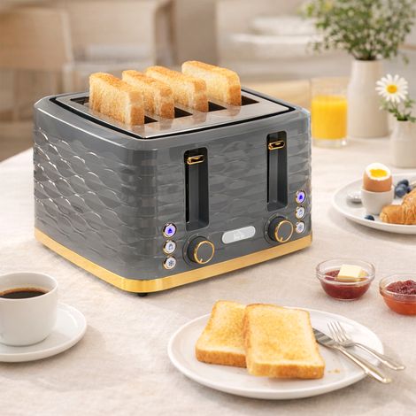 Toaster für 4 Scheiben mit 7 Bräunungsstufen, High-Lift, Aufwärm-/Auftau-/Abbruchs-Funktion, Graue Wellenoptik