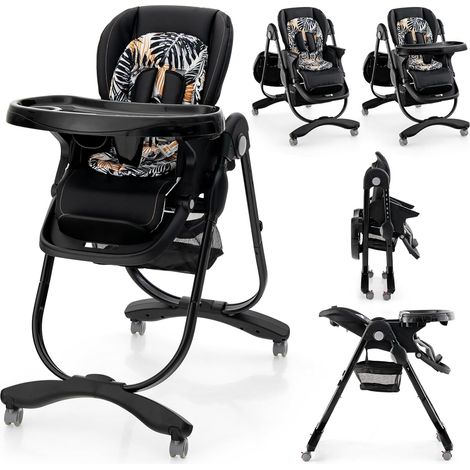 COSTWAY Hochstuhl Baby klappbar, Babystuhl mit Liegefunktion, Rädern & Doppeltablett, Aufbewahrungstasche, Kinderhochstuhl mit verstellbarer Höhe, Fußstütze & Rückenlehne für 6–36 Monate Schwarz