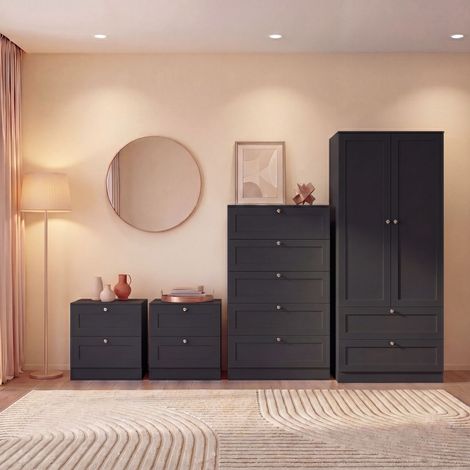 Altino 4 Piece Bedroom Set with 2 Drawer Bedside, Set of 2, 5 Drawer Chest, 2 Door 2 Drawer Wardrobe, Black (1/4)