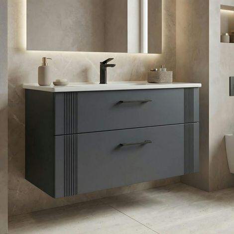Meuble vasque suspendu 100 cm anthracite 2 tiroirs ONDIA (1/4)