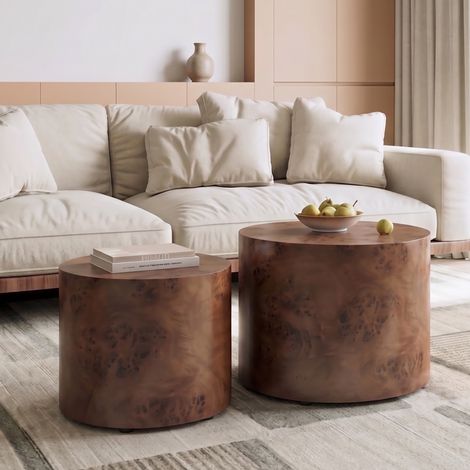 Runde Satztische Couchtische 2-teilig, ohne Montage, für Wohnzimmer und Schlafzimmer, Massivholz und MDF, Dunkelbraun (1/5)