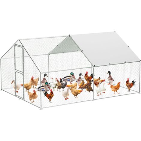 Grand Poulailler Métallique en Acier Galvanisé, Toit Imperméable, Anti-UV, Parc Grillagé Portable, Double porte, 3x4x2m, Argenté (1/5)
