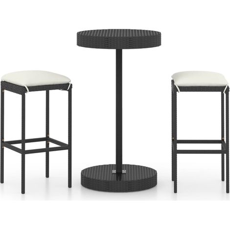 Set bar da giardino 3 pezzi e cuscini in vimini in resina nera 020013369