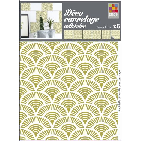 Sticker mural autocollant x6, 15 cm X 15 cm, décor jaune or écailles de poissons, carrelage adhésif déco. (1/3)
