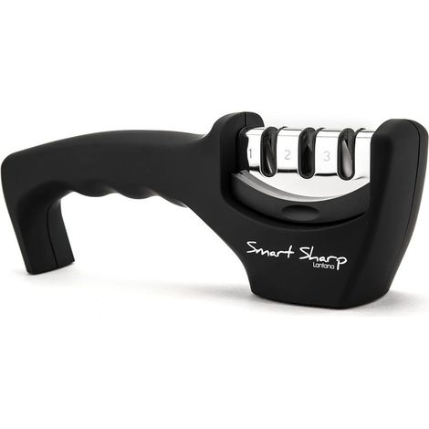 Online Store – Aiguiseur à couteaux manuel 3 phases – Pierre céramique, carbure de tungstène, diamant – Finition noire/chromée – Base antidérapante (1/5)