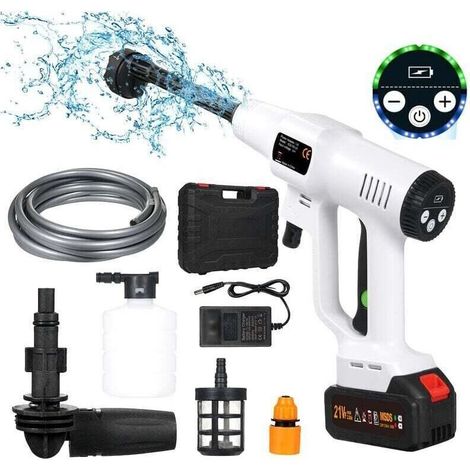 Debuns – Nettoyeur haute pression sans fil 21V – 725 PSI – Moteur sans balais 380W – Tuyau 5m – 6 buses multifonctions pour nettoyage voiture et jardin - 1500mAh