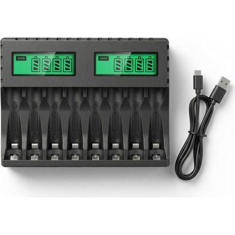 Caricabatterie per Batterie Ricaricabili AA AAA 8 Slot della Batteria del Caricatore Veloce LCD con USB-C Smart Caricabatterie per batterie Ricaricabili AA/AAA Ni-MH DA 1,2 V) (1/5)