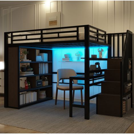 Lit mezzanine métal noir 140x200 cm avec bureau, rangements intégrés et éclairage LED (1/5)