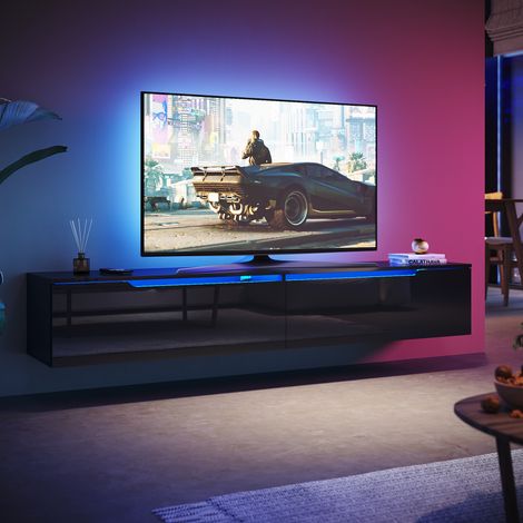SONNI TV Schrank mit Schublade und Verstellbaren LED-Lichtern, Griffloses Design, Wandmontage/Standmontage, Modern Hochglanz TV Board, Schwarz, 1800 x 350 x 300 mm (1/5)