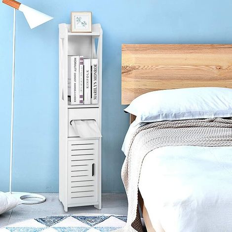– Colonne de salle de bain blanche 80x20x20cm – Armoire étroite en bois-plastique – Résistante à l'humidité – 4 étagères pour rangement (1/5)