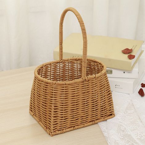 Cesta de flores de ratán PP con asa, 28,5 x 19 x 14,5 cm, estructura metálica, estilo vintage, multifuncional para frutas, verduras o decoración. (1/5)