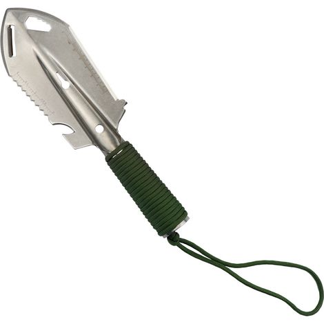 Pelle de tranchée argentée avec manche vert militaire Pelle de tranchée multifonctionnelle en acier inoxydable pour l'extérieur, outil de camping et de survie en plein air, petite pelle à main montée  (1/5)