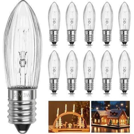 10er-Pack E10 55V 3W Kerzenlampen, 4-Punkt-Warmweiß, für Weihnachtslichterbögen und Lichterketten im Innenbereich (1/5)