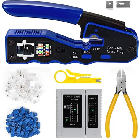 RJ45 Crimping Kit - Anywhere and Cat6 Cat6a Cat5 Cat5e Crimping Tool with 20 Connectors - Everywhere RJ45 Cat6, 20 Covers, 1 Network Cable Tester, 1 Stripper, 1 Cutter (1/5)