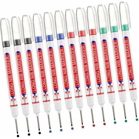 Marqueurs Trou Profond, 12pcs Marqueur Charpentier, Stylo Marqueur Indélébile à Pointe Longue de 20 mm, Marqueur de Precision Chantier (Noir Bleu Rouge Vert) (1/4)