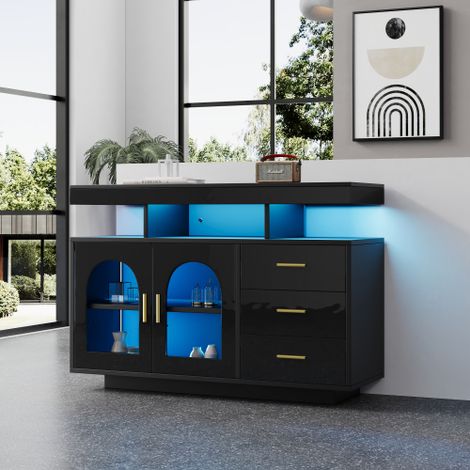 Buffet/meuble de rangement avec éclairage LED, meuble bar, meuble de rangement à tiroirs, vitrine pour salon, meuble de rangement de cuisine laqué brillant (avec éclairage 16 couleurs) – idéal pour le (1/5)