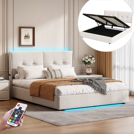 Letto contenitore 160x200 cm in velluto, con illuminazione LED telecomandata e spazio di stoccaggio, rete a doghe, telaio in metallo, testata imbottita con tasche - Beige