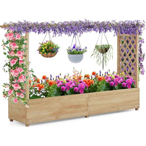 COSTWAY Fioriera da Esterno con Grigliato, Pergolato, Fori di Drenaggio, Aiuola Verticale per Piante Rampicanti, Vite e Fiore, per Giardino, Terrazzo e Balcone 200 x 44 x 114 cm (Naturale) (1/5)