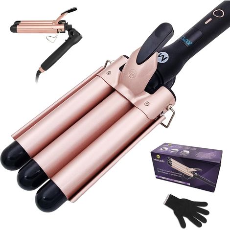 3 Barrel Curling Iron, 25mm Tourmaline Ceramic Curling Iron with LCD Temperature Display, Fast Heating Foldable Crimpers for Travel (1/5)