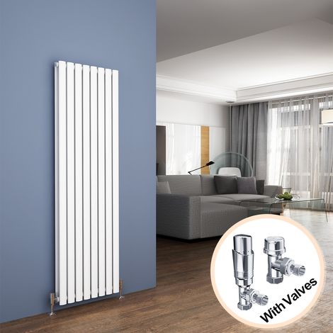 ELEGANT Vertical Column Designer Radiator White Oval Double Panel Rad 1600 x 472mm + Chrome Thermostatic Radiator Valves (1/5)