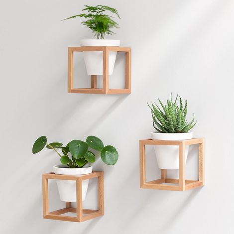 Jardinières Murales ,Pots de Fleurs Suspendus dans des Cadres en Bois Massif,Ensemble de Porte-Plantes en Céramique et Bois pour Murs,Tables et Plus,Brun Naturel (1/5)