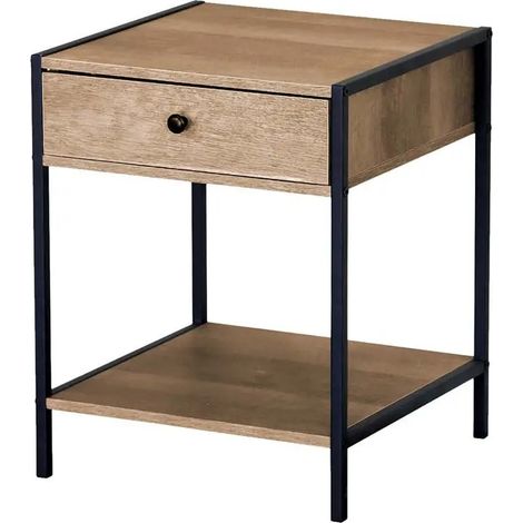 Comodino in metallo ripiani in legno con cassetto 60x30x50 cm rovere
