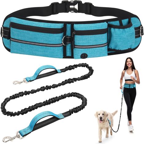 Hands Free Dog Leash with Adjustable Belt and Waist Bag, Canicross Anti-Pull Lead, Removable Elastic Lead 150-220 cm, Reflective Band for Running and Walking, Blue (1/5)