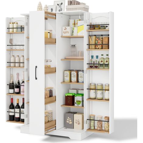Armoire de cuisine blanche avec étagère à épices intégrée, meuble de rangement en mdf à portes doubles spacieuses, 150x78x40 cm (1/5)