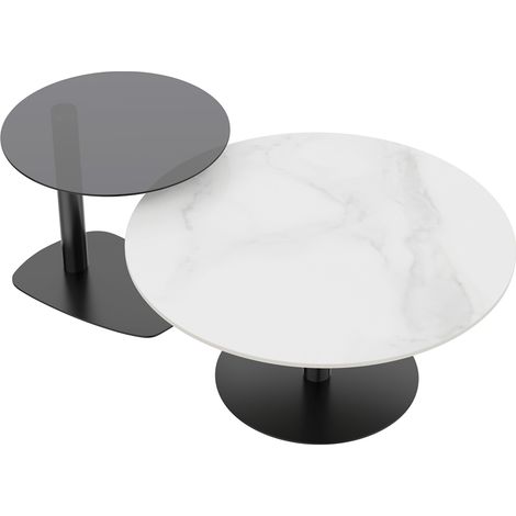Unho – Table basse gigogne ronde lot de 2 – Pierre frittée blanche et verre trempé gris – Base métal noir – Dimensions 80x38.5cm + 50x45cm