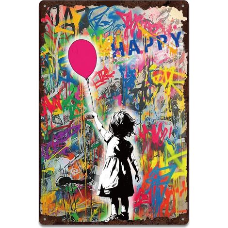 Plaque Metal Vintage Street Graffiti Fille Aux Ballons Plaque Murale Decorative Coloré Plaque Déco Murale Panneau Decoratif Exterieur Metal (1/5)