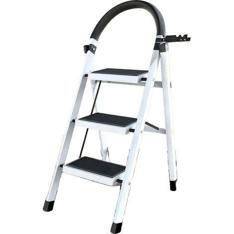 Escalera de mano con peldaños antideslizantes, asa curva cómoda, color blanco, 3 peldaños. (1/2)