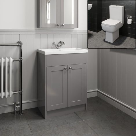Traditional Bathroom Vanity Unit Sink Basin Close Coupled Square Toilet Grey (1/5)