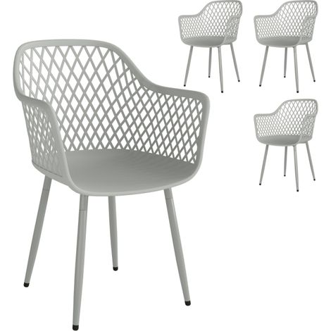 Lot de 4 chaises de jardin – Assise en plastique résistant aux UV, dossier enveloppant et accoudoirs, pieds métalliques thermolaqués – Idéal pour terrasse et balcon – Gris (1/5)